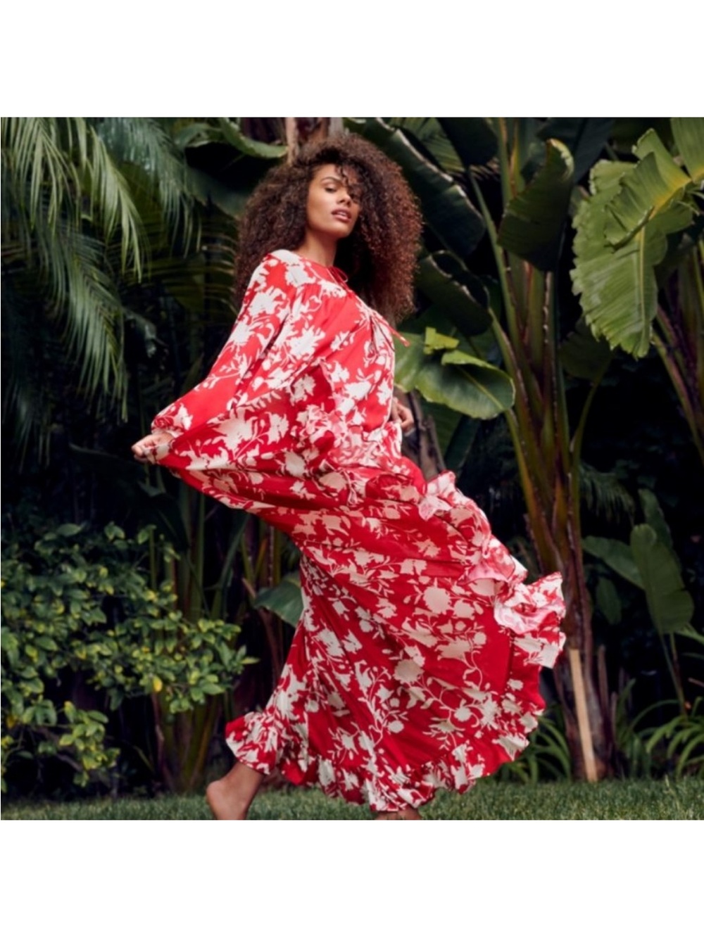 Johanna Ortiz x H&M Red Floral Crinkle Satin Maxi M